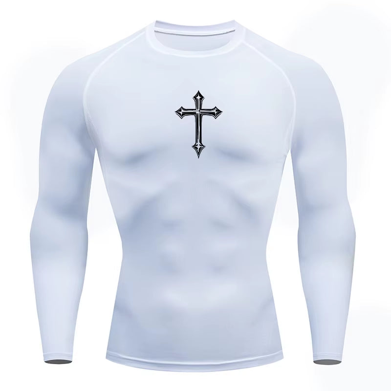 Cross Print Compression Shirt for Men Christian Athletic Tshirt Tees Tops Gym Workout Running Baselayers Undershirts Rash Guard