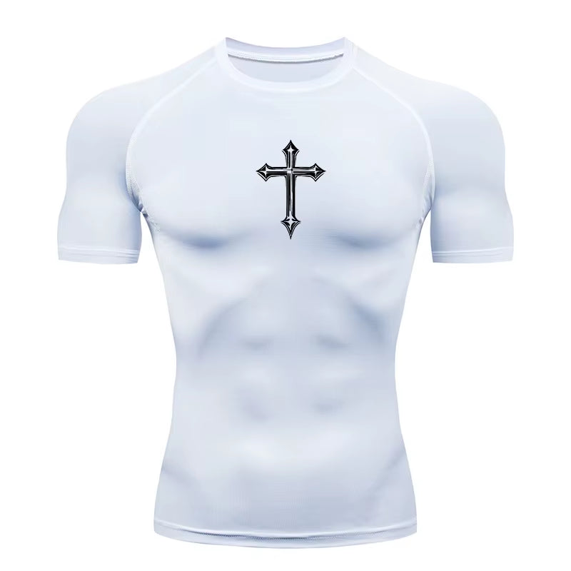 Cross Print Compression Shirt for Men Christian Athletic Tshirt Tees Tops Gym Workout Running Baselayers Undershirts Rash Guard