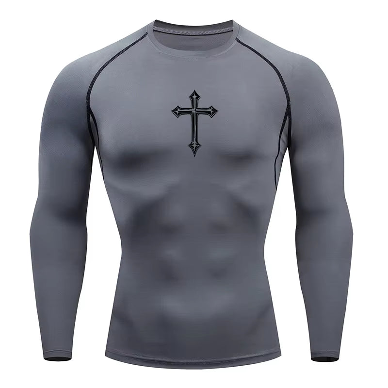 Cross Print Compression Shirt for Men Christian Athletic Tshirt Tees Tops Gym Workout Running Baselayers Undershirts Rash Guard