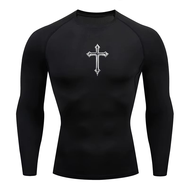 Cross Print Compression Shirt for Men Christian Athletic Tshirt Tees Tops Gym Workout Running Baselayers Undershirts Rash Guard